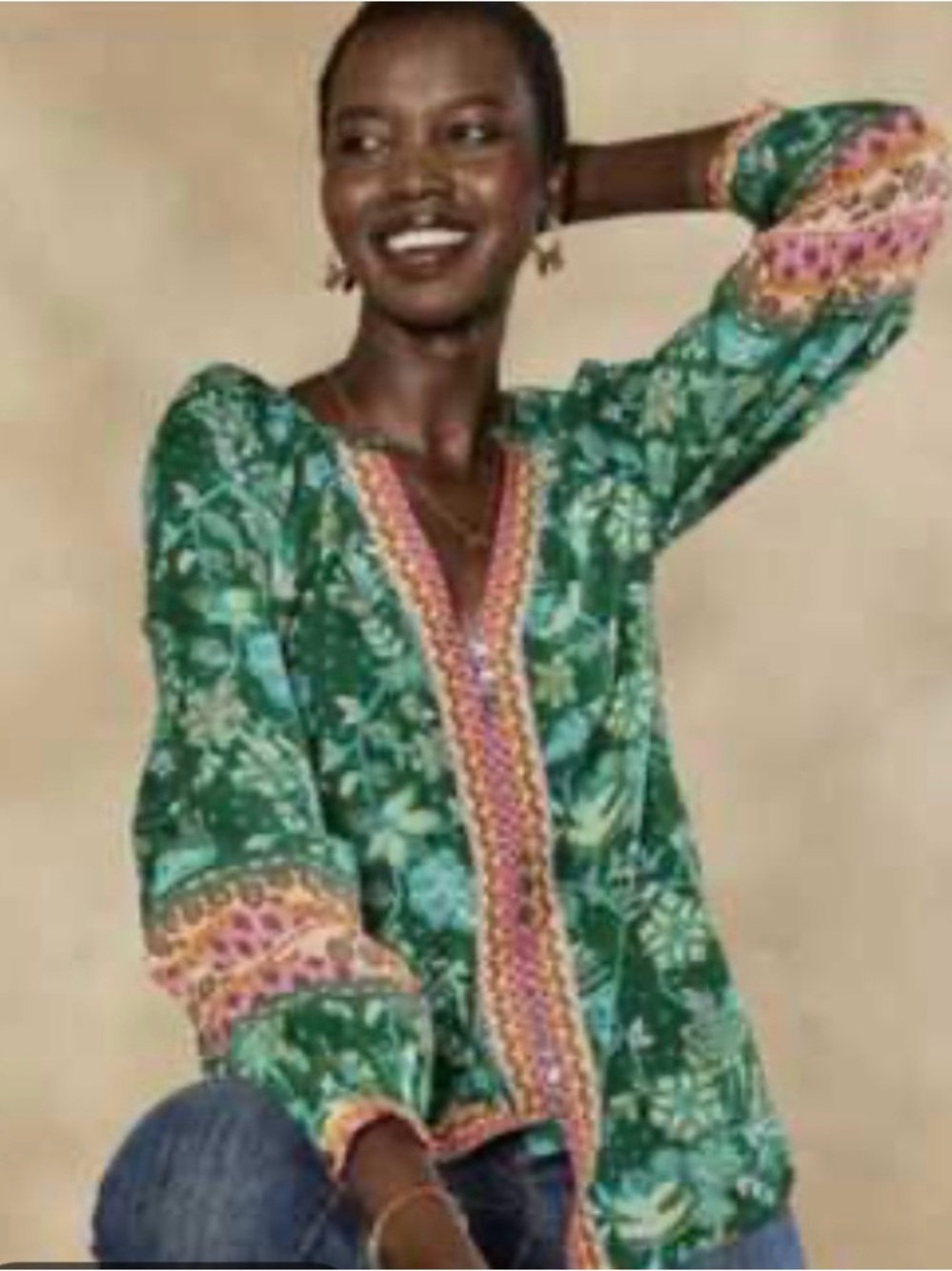 Sundance Green Floral V-Neck Tunic with Pink-Gold Trim
